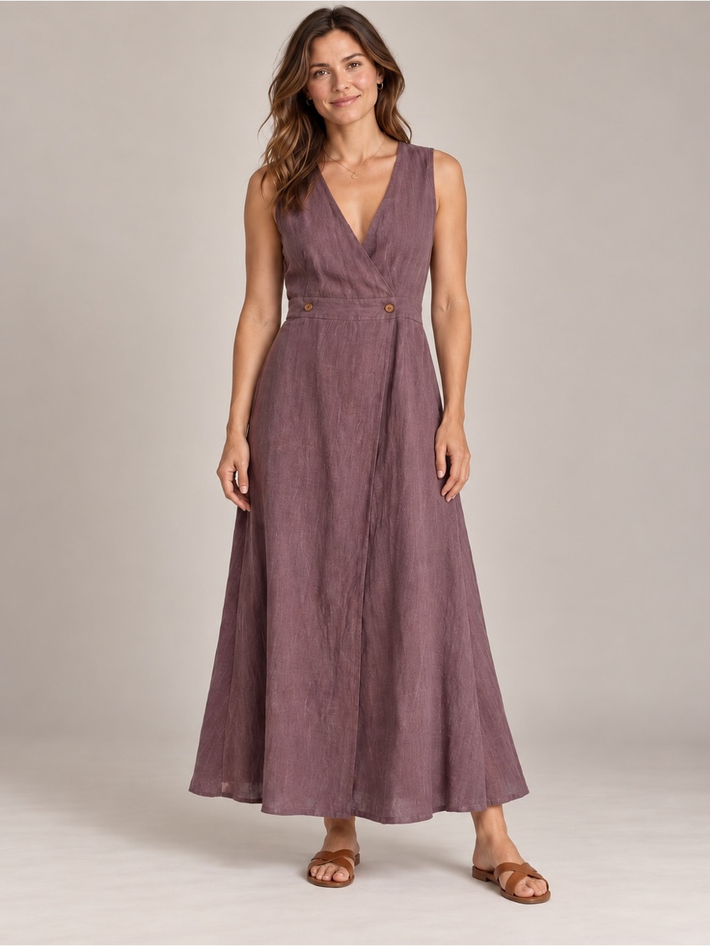 100% Linen Sleeveless V-Neck Maxi Dress in Dusty Mauve NWT